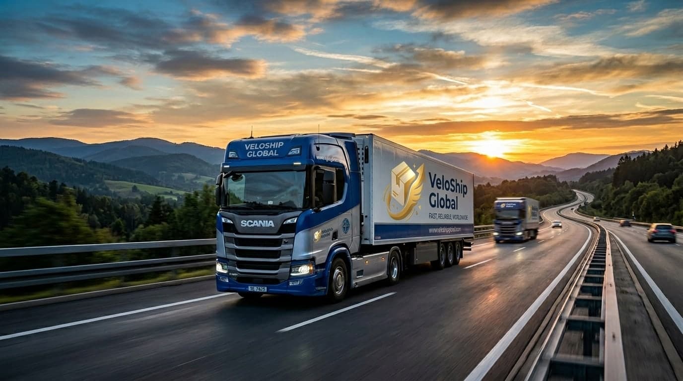 VeloShip Global articulated truck on a motorway at sunset