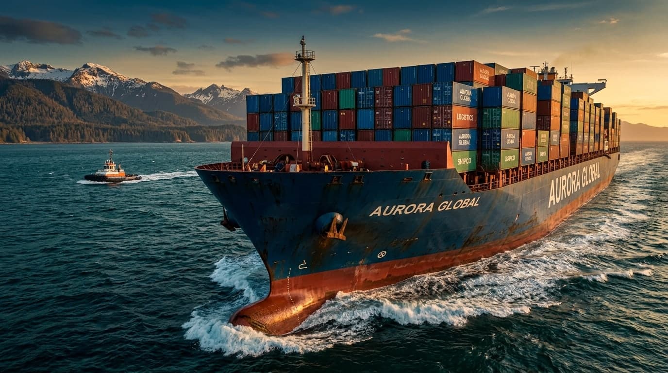 Container ship under way through a fjord at golden hour